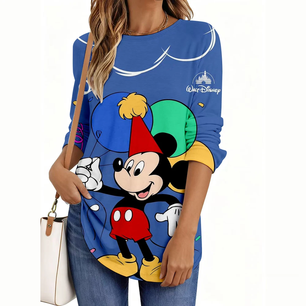 2025 レディース Tシャツ ディズニー クリスマス シリーズ プリント エレガント ファッション Tシャツ 長袖 Tシャツ O ネック レギュラー トップス カジュアル プルオーバー