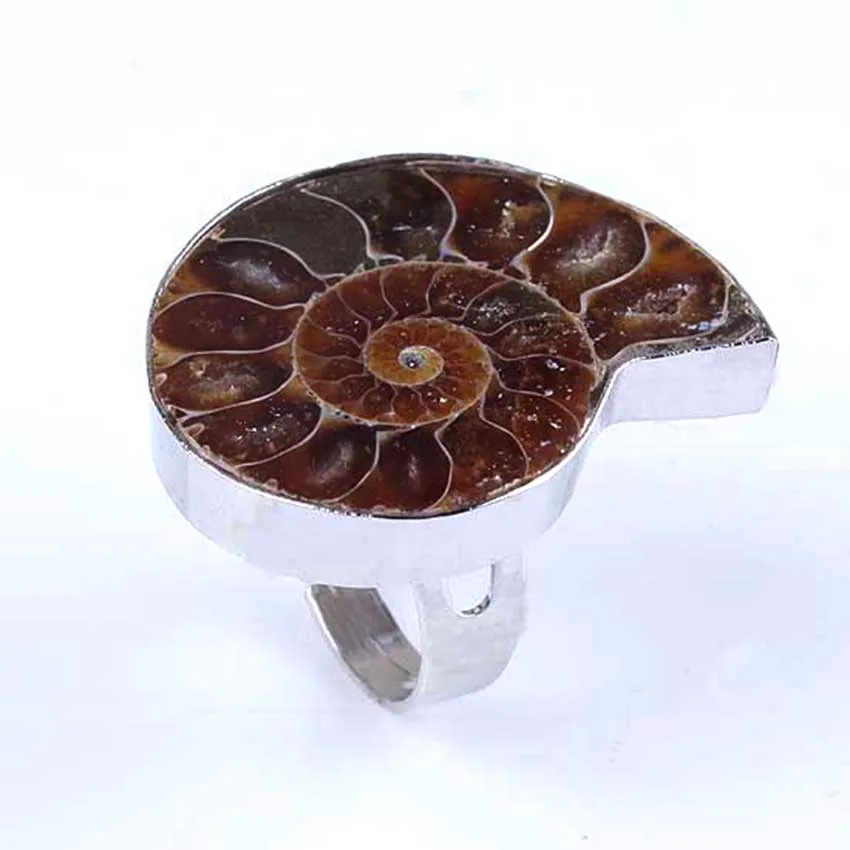 Trendy-beads Unique Silver Plated Adjustable Ammonite Ring Fashion Natural Ammonite Reliquiae Stone Rings Jewelry For Women Men