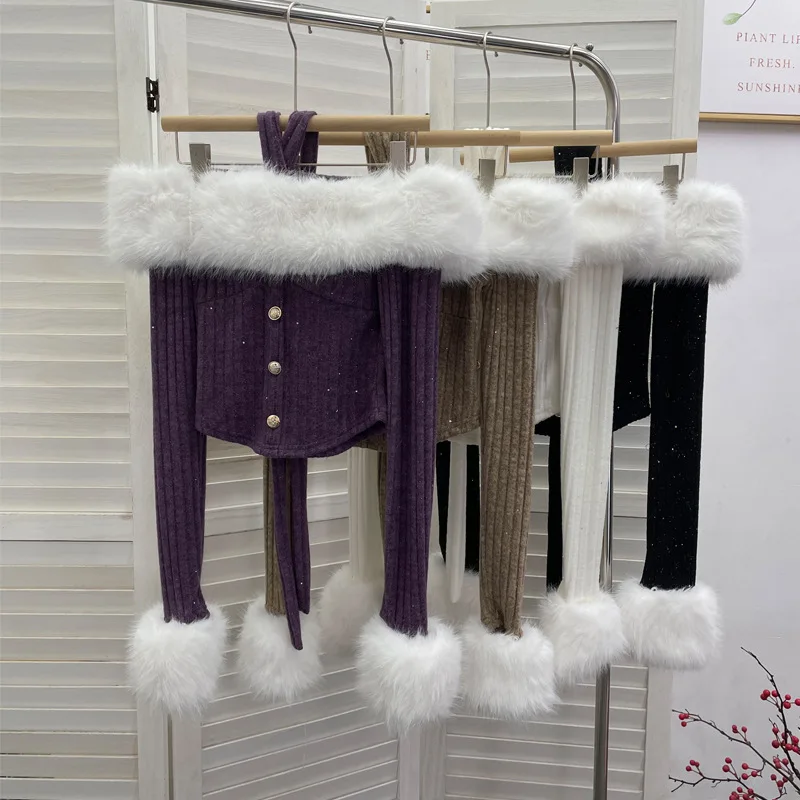 Removable Fur Collar Strap-up Neck Off-the-shoulder Knitted Top Long-sleeved Slim-fit Bottoming Top Women
