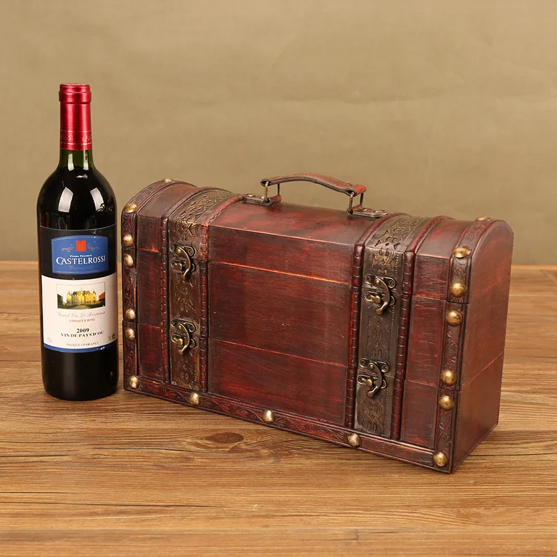 European-Style Antique Red Wine Box Gift Wine Packaging Wooden Box Distressed Double Wine Decorative Laminated Wooden