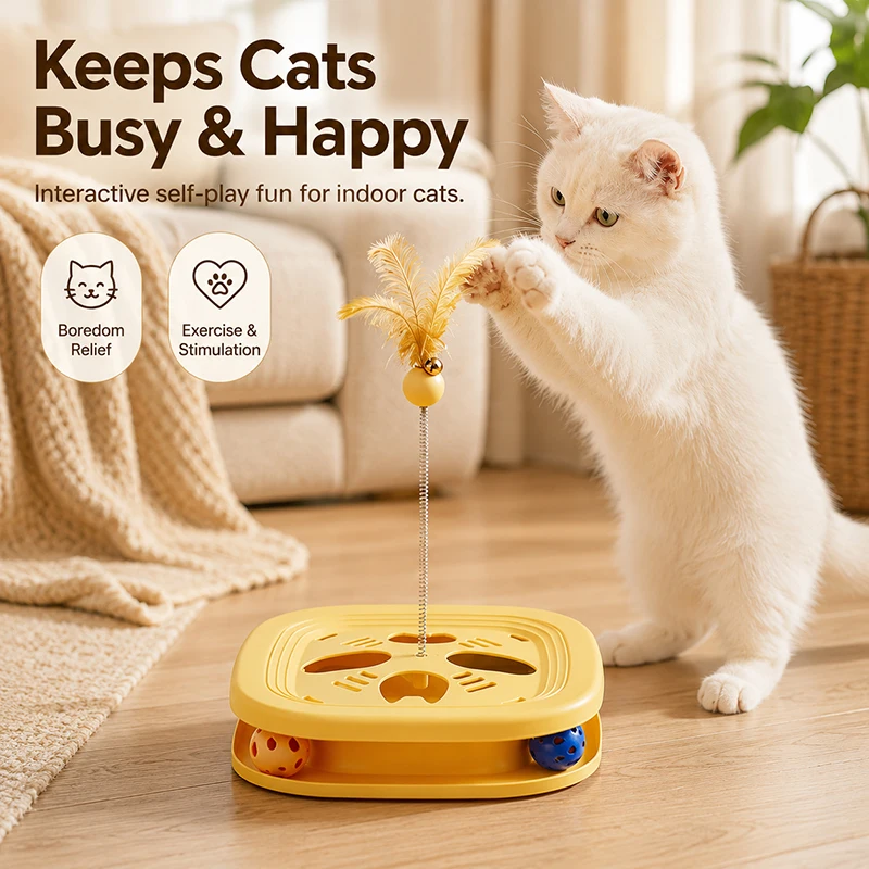 Juguete interactivo para gatos con pista, plumas y rompecabezas
