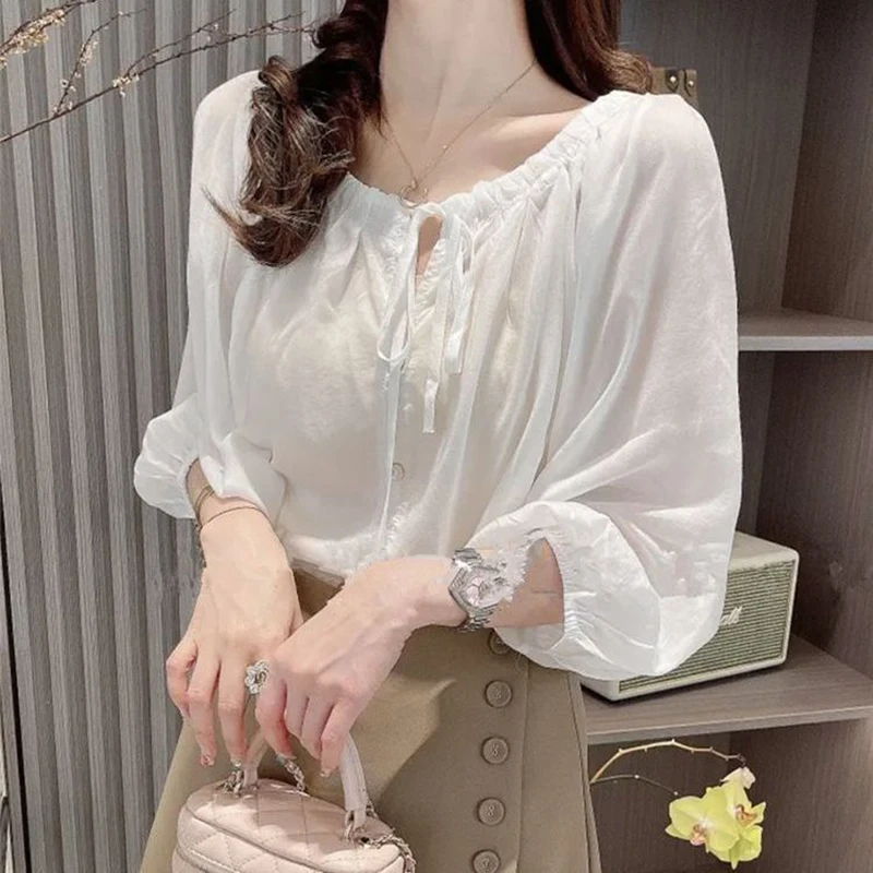 Elegant Solid Color Lace Up Bow Puff Sleeve Shirts Women\'s Clothing 2024 Summer New Loose All-match Tops Office Lady Blouses