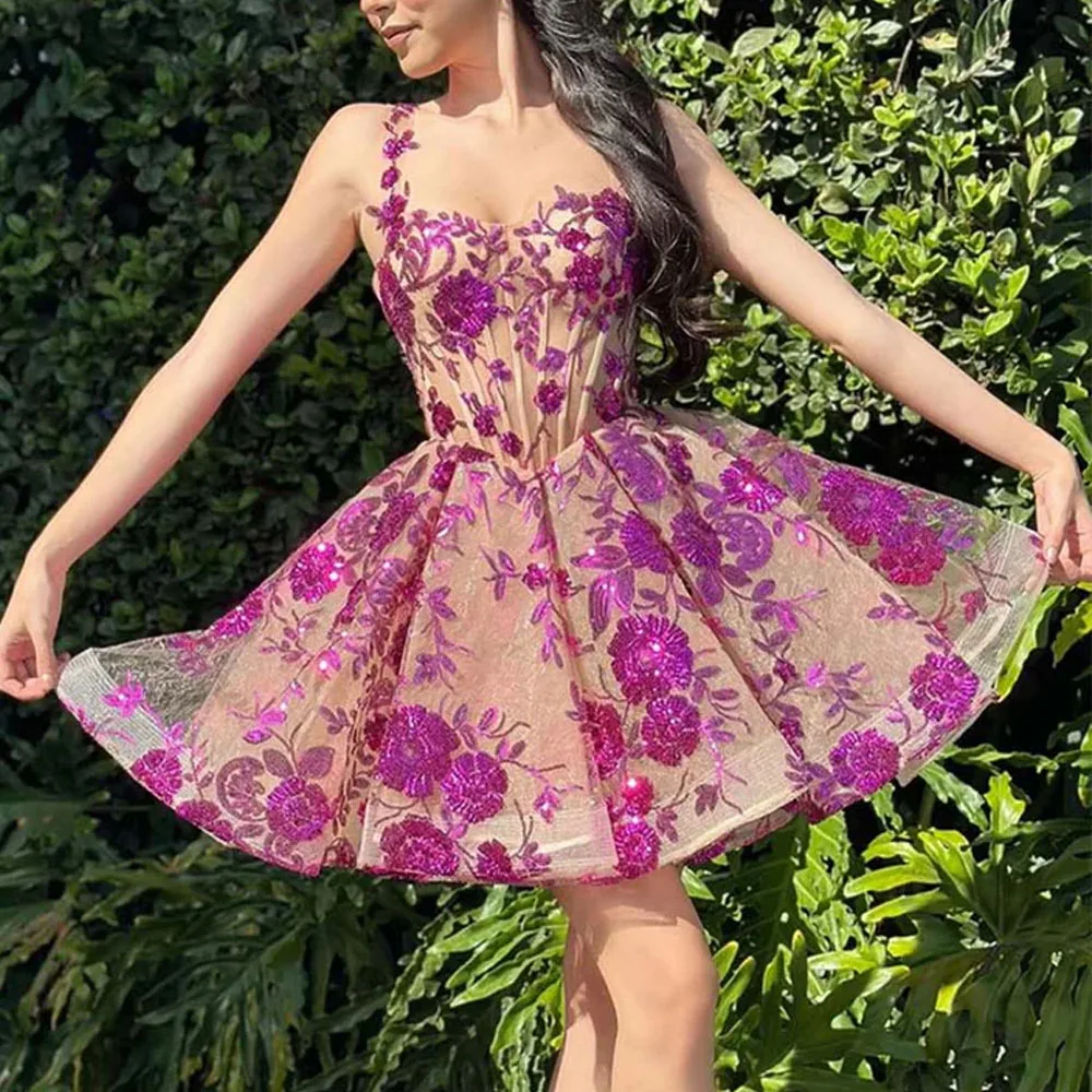 Customized Fuchsia Sequin Floral Homecoming Dresses 2025 Spaghetti Strap Illusion Mini Cocktail Dress Ruffles Corset Gown