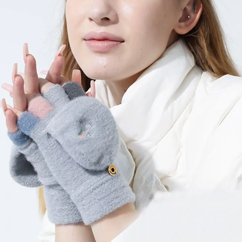 Autumn Winter Gloves Cute Knitted Flip Fingerless Gloves Touch Screen Half Finger Warm Gloves