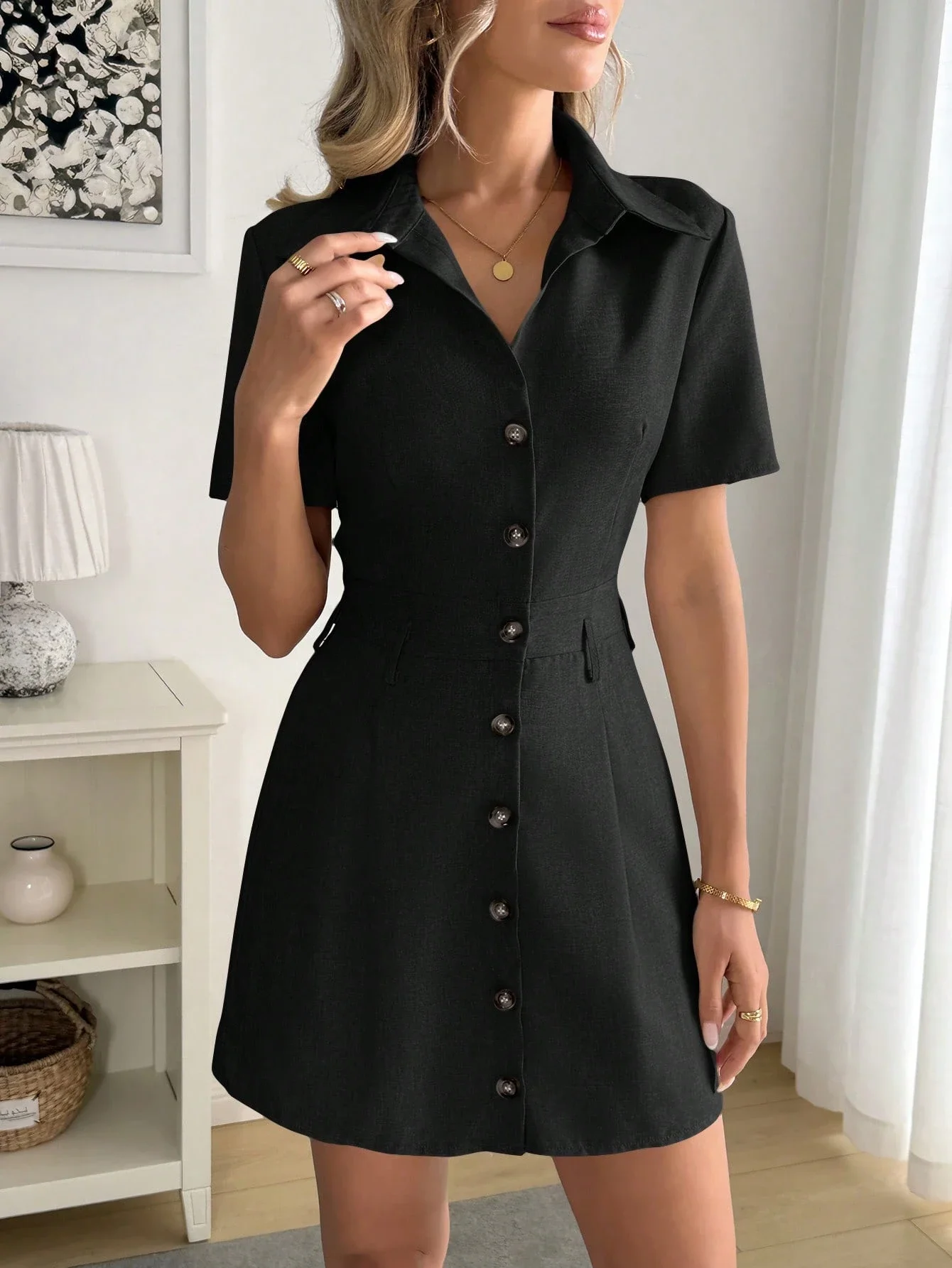 

Платье-рубашка с воротником и пуговицами спереди, А-силуэта, с коротким рукавом, повседневное, элегантное, офисное, мини-платье для женщин