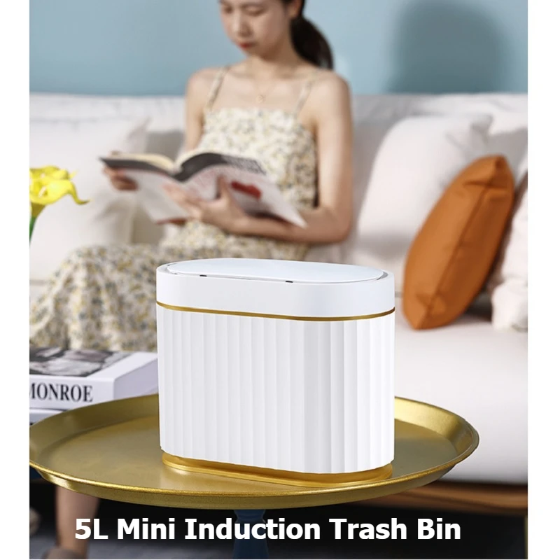 5L Mini Smart Sensor Trash Can Desk Small Lovely Mini Light Luxury Wind Mini Basket Bucket Small Trash Bin for Desk Desktop Bin