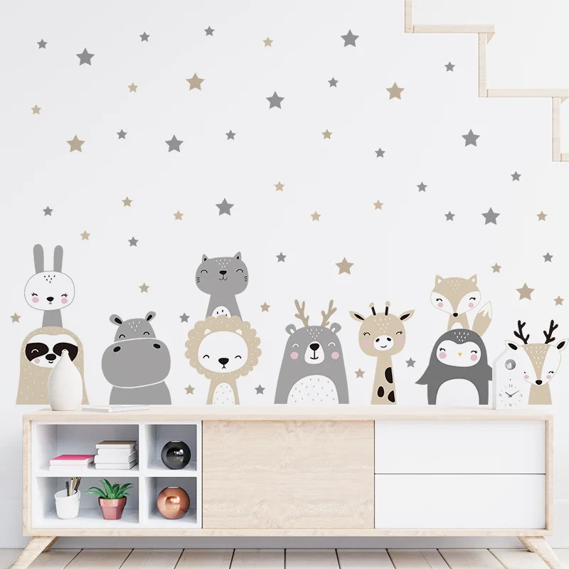 Kawaii Smiling Zoo Animal Wall Stickers Self Adhesive Peel and Stick for Toddler Room Kindergarten Accent Wall Decor