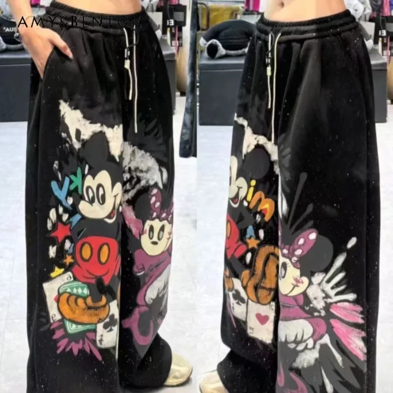 American Retro Fashion Graffiti Painted Cartoon Casual Sweatpants Women's Trendy Brand Loose Design Black Mopping Straight Pants