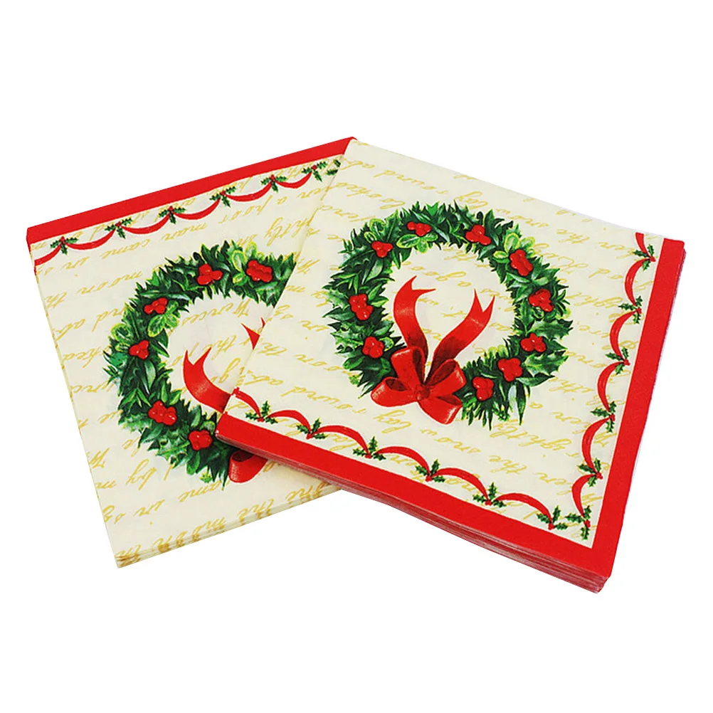 

100PCS Christmas Wreath Printed Napkins Disposable Tissue Wood Pulp Dinner Napkins Birthday Party Supplies Xmas Favors
