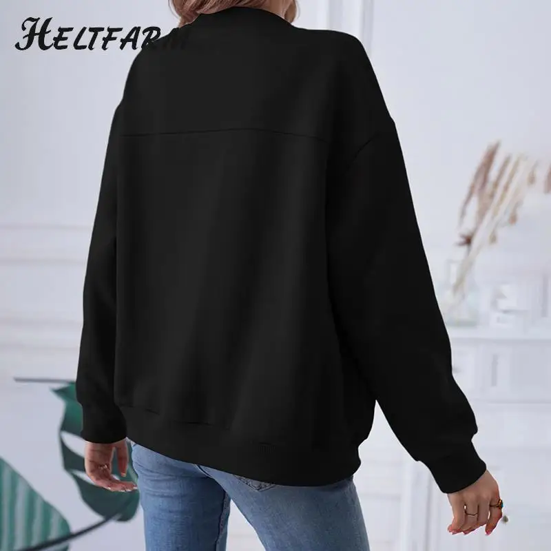 Women\'s Jacket Long Sleeve Zip Solid Sweatshirt Jacket Casual Loose Jacket (With Pockets)