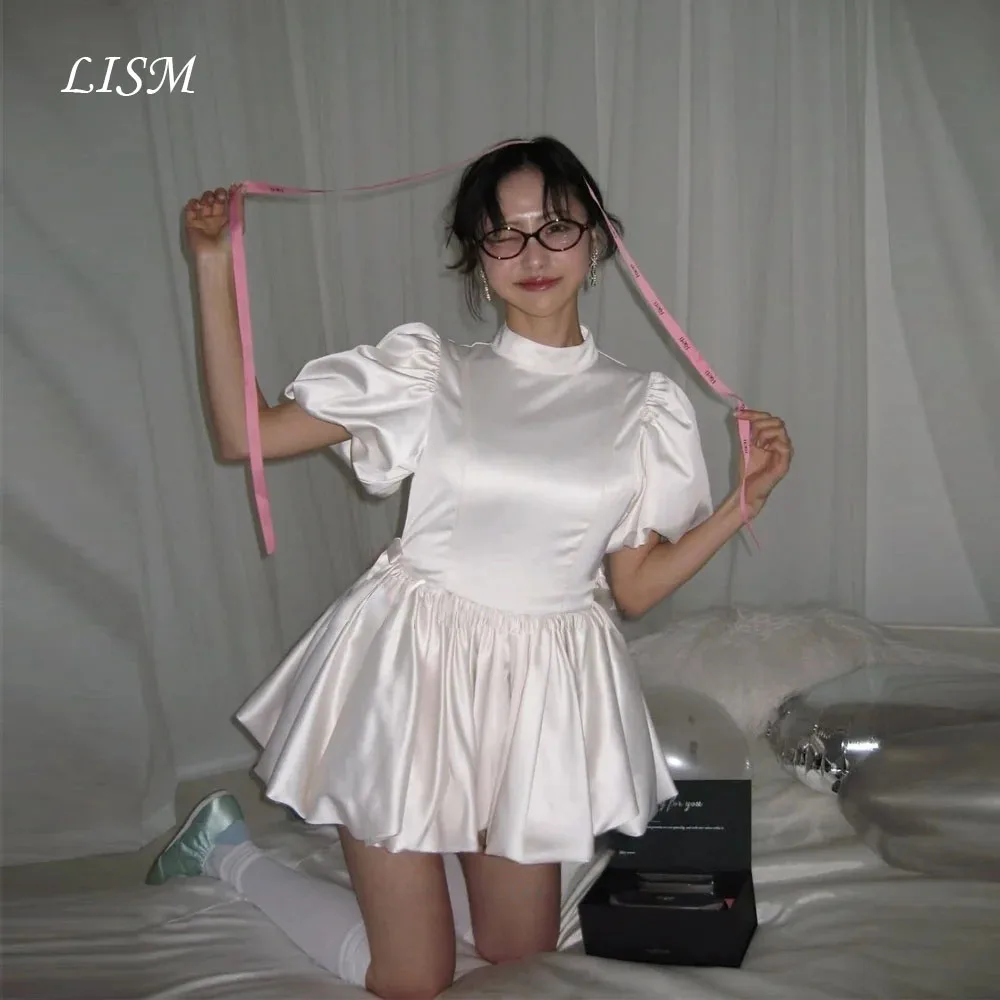 

LISM Customized Mini Korean Wedding Dresses Puff Sleeves O-Neck Short Bridal Party Gown Wedding Prom Dresses A-Line Draped 2026