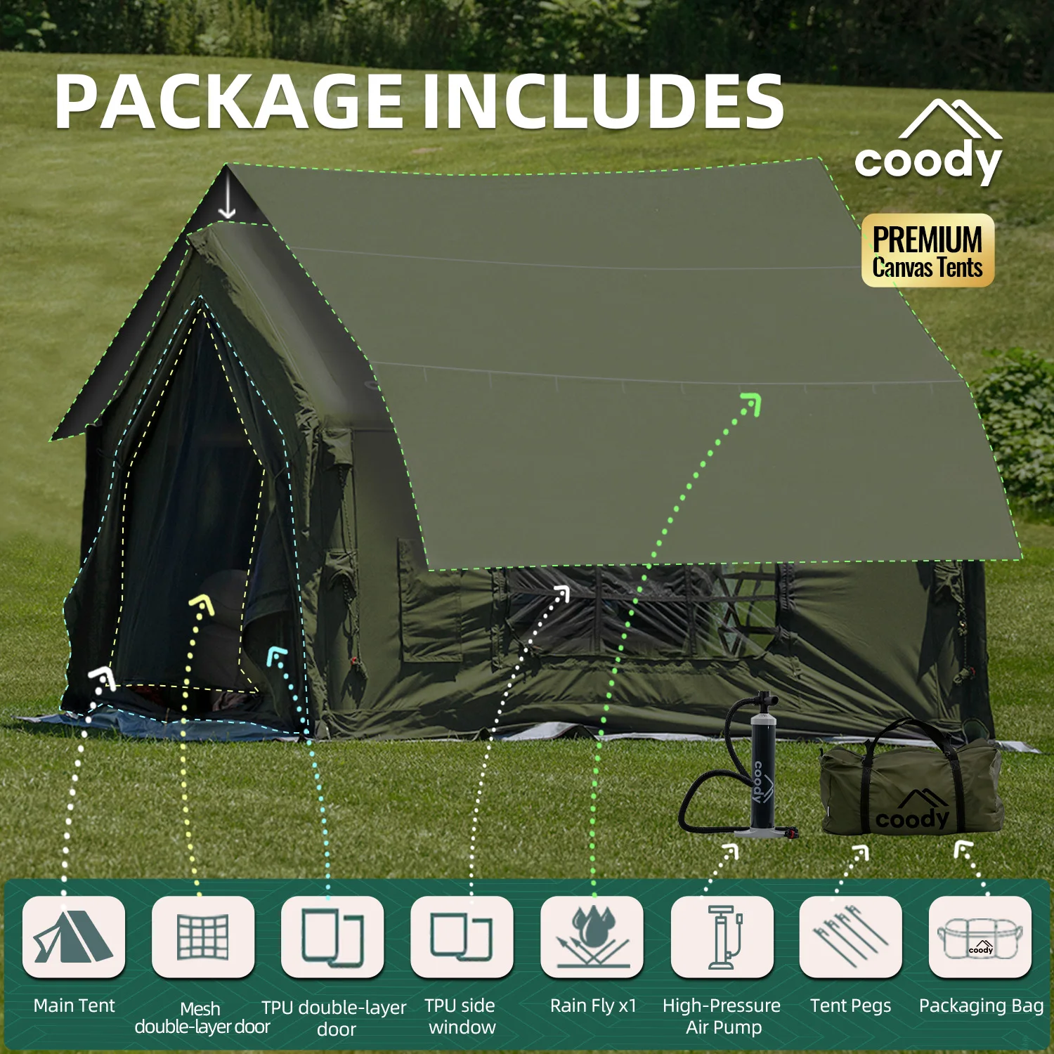 

10.0 Air Tent-Army Green Big Camping Family Outdoor Luxury Large Tents Family Cotton Fabric Camping Inflatable Tent