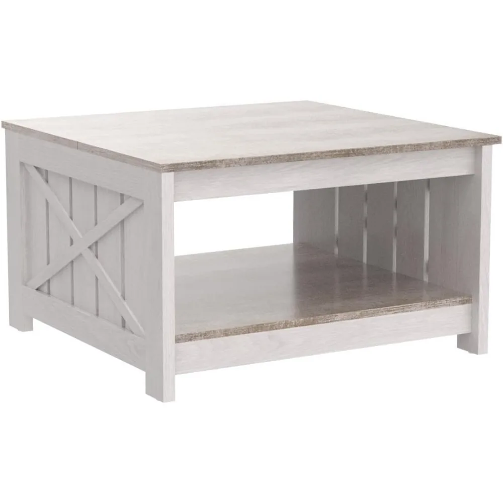 Table basse en bois avec rangement, compartiment de rangement semi-ouvert carré dans le salon, gris, ORY