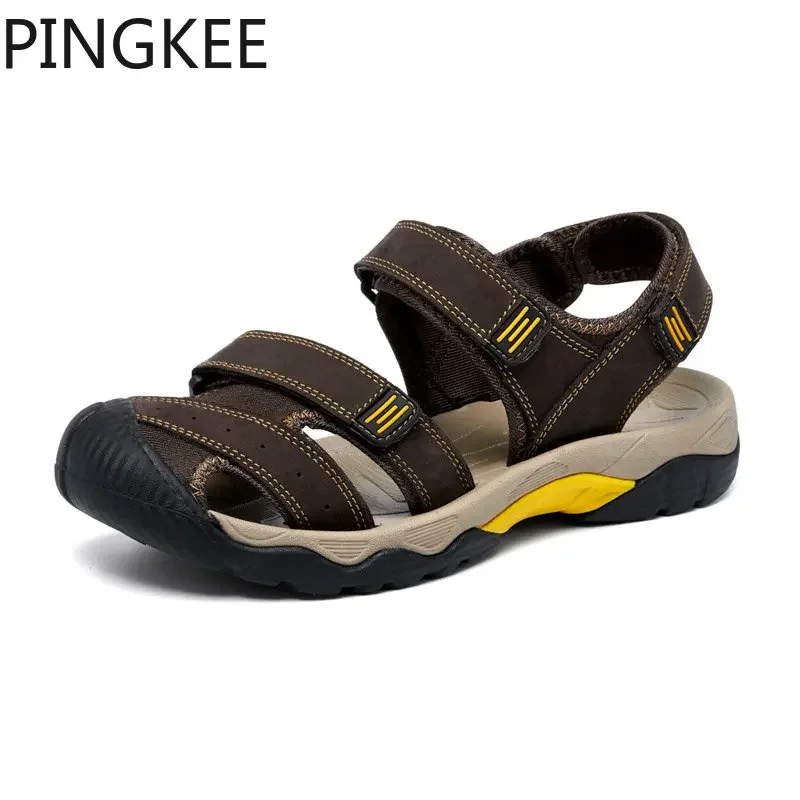 

PINGKEE Closed Toe Bumper Microfiber Beach Water Drainge Hook Loop Cushioned Leather Upper Summer Hiking Sandals For Men Shoes