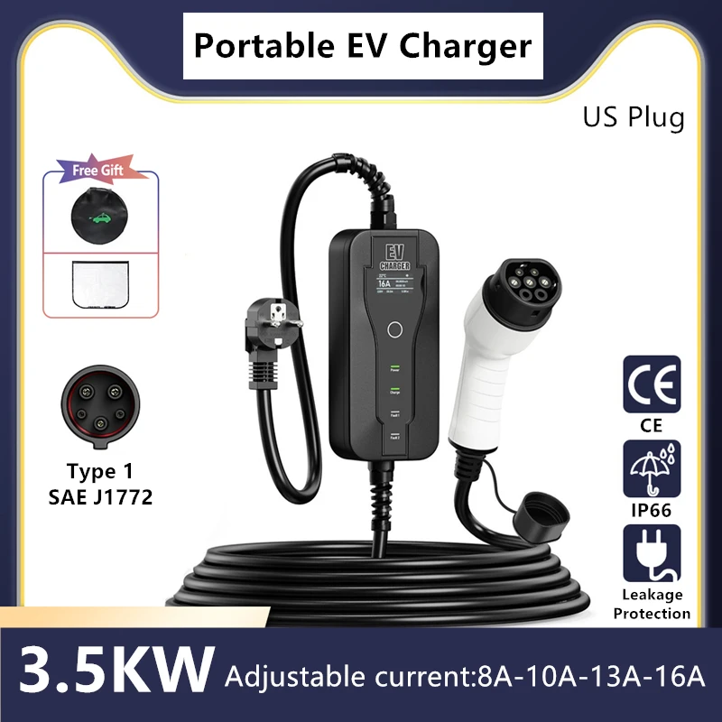 

J1772 Portable EV Charger 3.5KW 16A Type 1 Type 2 GBT Wallbox Adjustable Current 1Phase for Electric Vehicle Car Charging