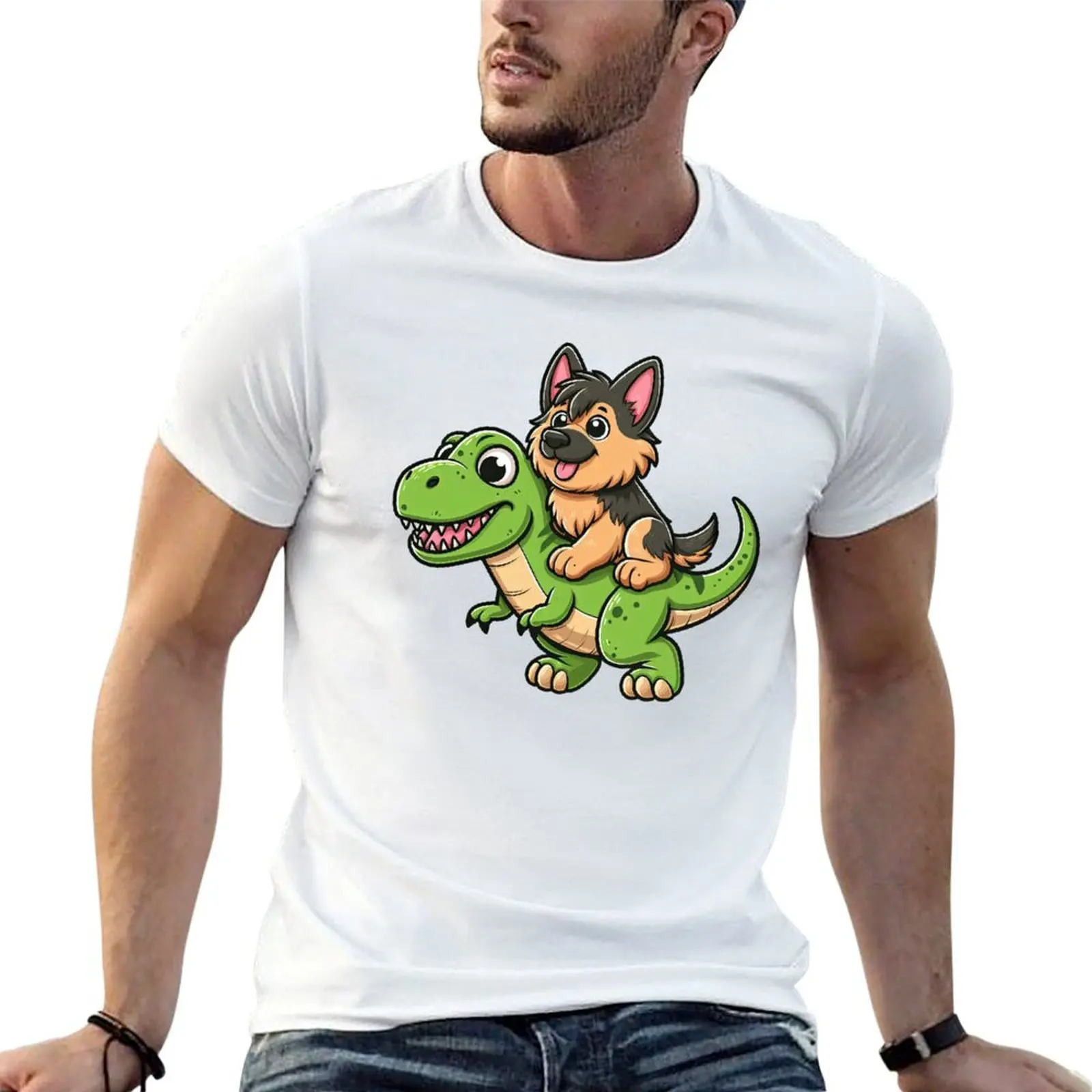 German Shepherd Dog T-Rex Dinosaur T-Shirt Durable Work Wear T-Shirt