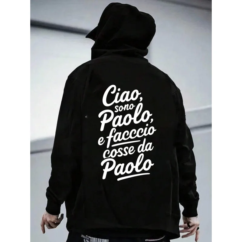 سويت شيرت رجالي بغطاء للرأس باللون الأبيض من Ciao Sono Paolo مطبوع عليه نص عالي الجودة من القطن ملابس غير رسمية للارتداء اليومي والأزياء