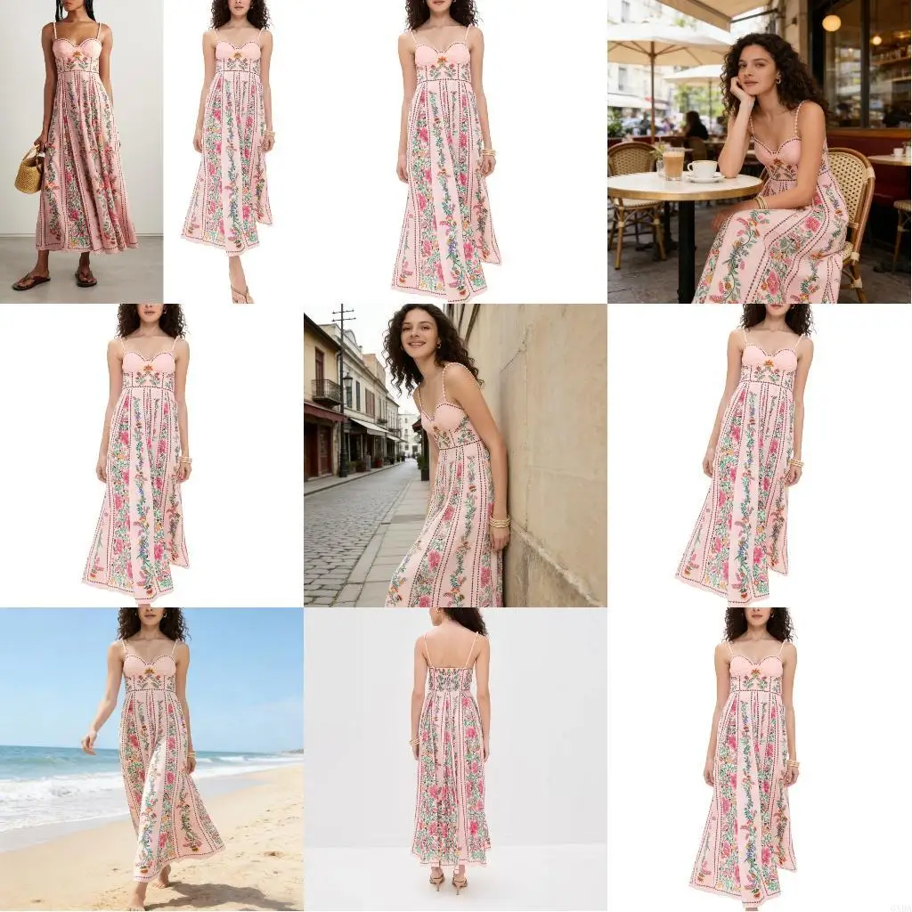 Womens Summer Sleeveless Maxi Dress V Neck Smocked Bohomian Casual Bead Strap A-Line Long Beach Sundresses 6XDA