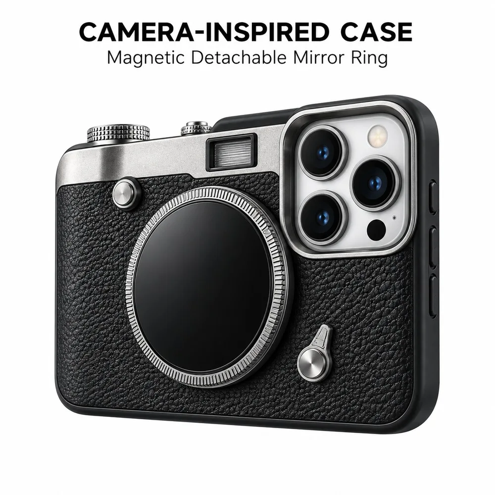 Camera Style Magnetic Phone Case for iPhone 16 15 14 13 Pro Max, Detachable Mirror Ring, Textured Full Cover Protective Shell