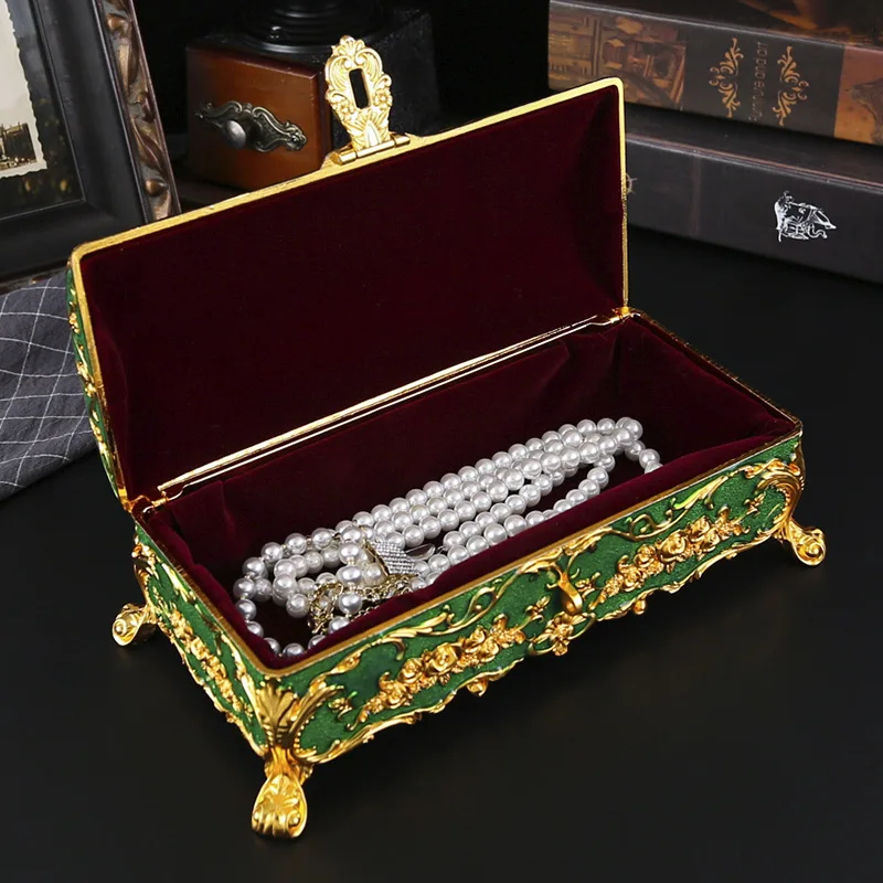Retro Zinc Alloy Rose Jewelry Storage Box Creative Metal Rectangle Trinket Ring Necklace Organizer Storage Box