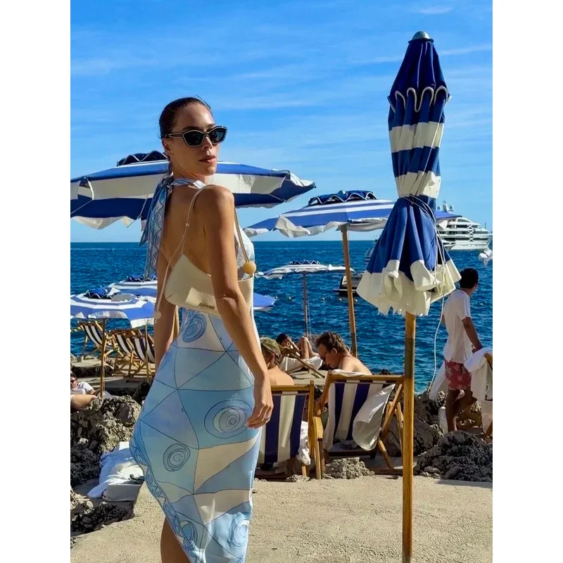 Women Hanging Neck Light Blue Geometric Pattern Irregular Silk Long Dress