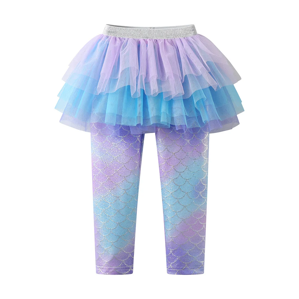 Mädchen-Leggings mit Meerjungfrauen-Print und mehrlagigem Mesh-Tutu-Rock für Tanz, Kinder-Ombre-Schuppen-Glitzer-Polyester-Hosen mit Farbverlauf – Detail 5
