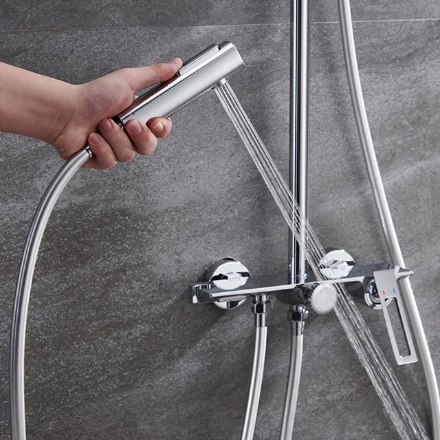 ヨーロッパスタイルのデュアルハンドルステンレス製シャワーセット、サーモスタット式蛇口、レインパターン浴室ヘッド、セラミックバルブコア付き