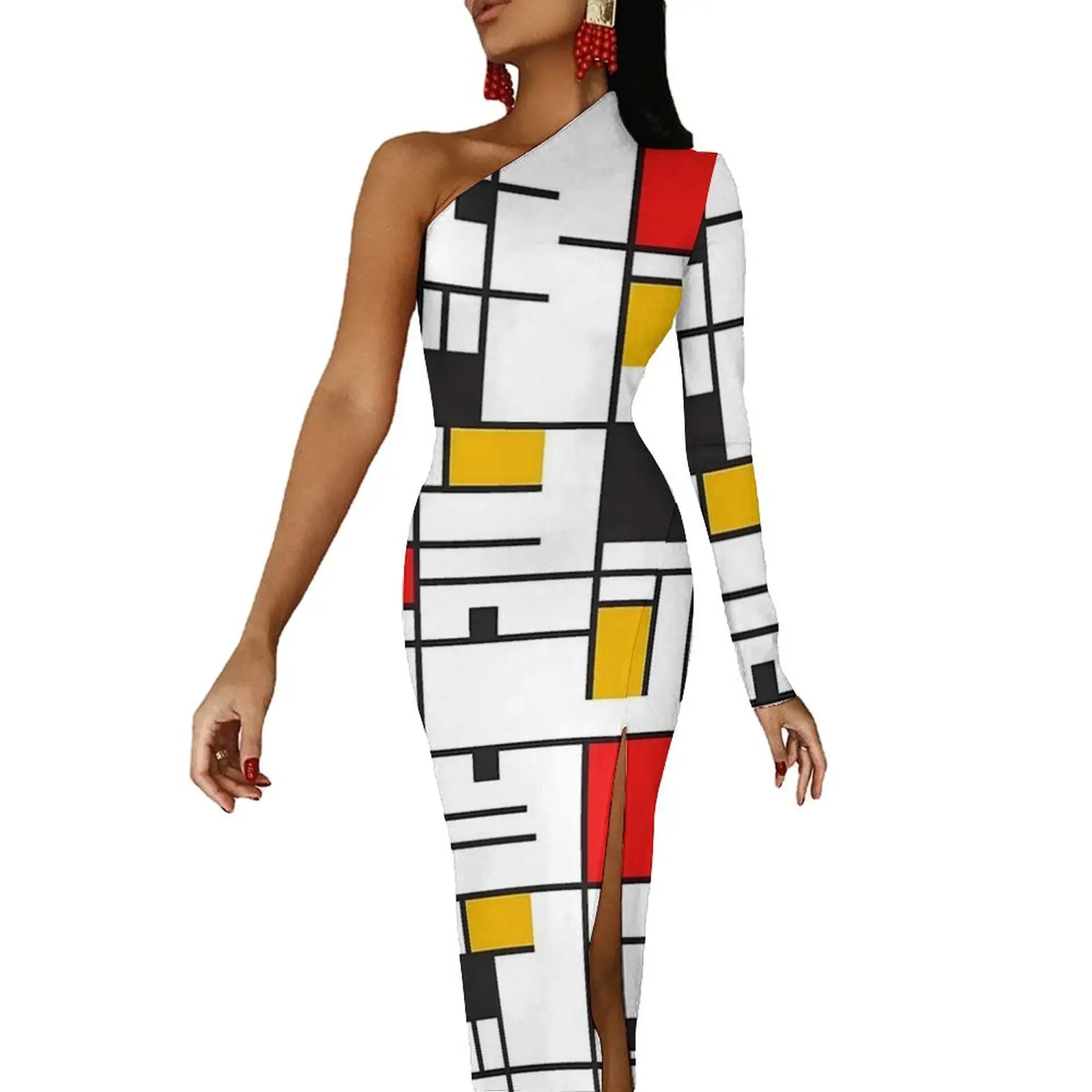 Homless Mondrian Bodycon Dress Female Check Print Club Maxi Dress Long Sleeve Aesthetic Graphic Dresses Birthday Gift