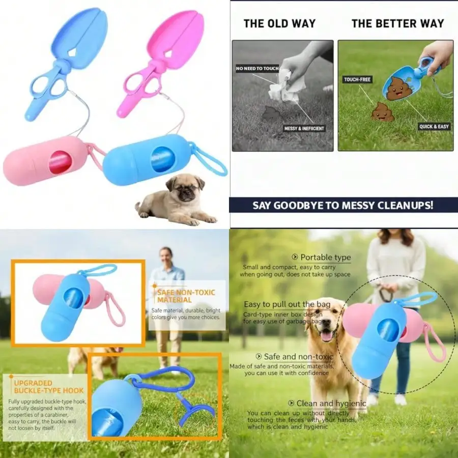 2 Pack Portable Dog Pooper Scooper, Scissor Style Pet Waste Picker Shovel For Small Dogs And Cats, Handheld Poop Cleaner For Outdoor Yard Walks, Includes Poop Bag Dispenser And Refill Bags