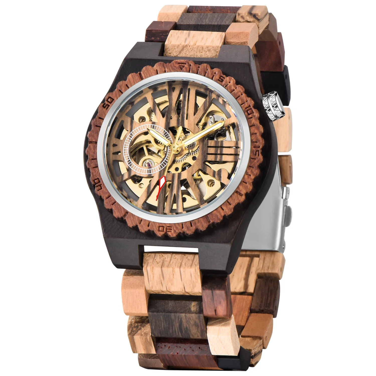 NEW Color Blocked Roman Numerals Men's Automatic Mechanical Hand Wind Watch Casual Fashion Trend Accessories Men's Wooden Watch