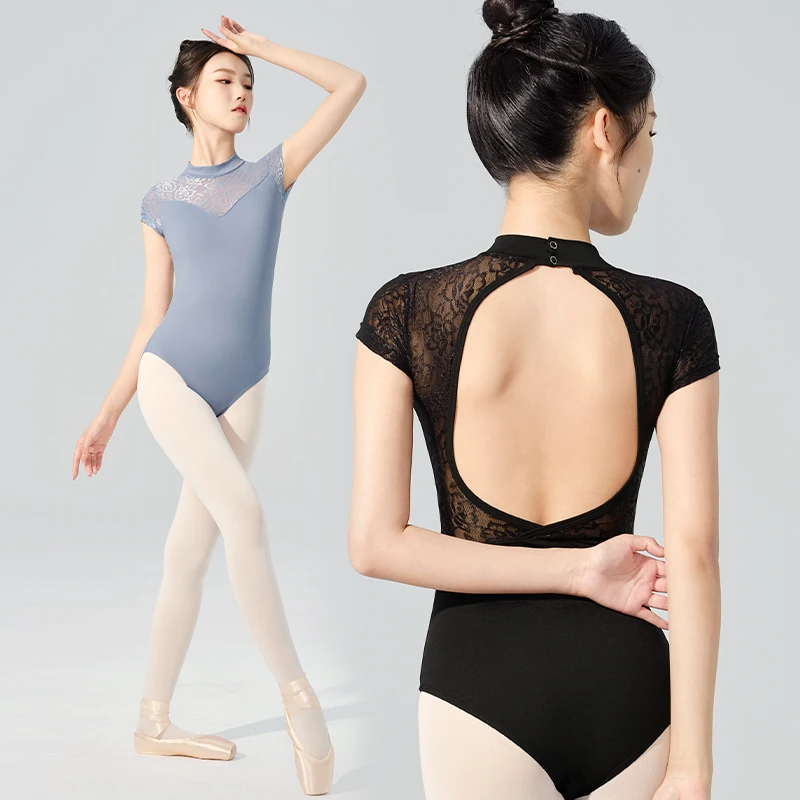 Ballet Leotards Women Adults Ballet Costume Nylon Lace Splice Gymnastics Leotard Short Sleeves Dance Leotards Yoga Bodysuit