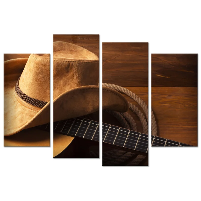 4 Pieces Cowboy Hat and Guitar Wall Art Canvas Painting Country Theme Print Poster Modern Style Picture Living Room Home Decor