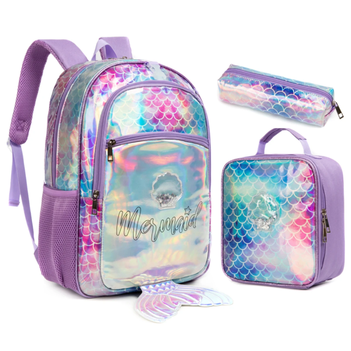 Sac à dos sirène pour filles, sacs à dos scolaires avec boîte à lunch pour élèves du primaire, sac à dos de voyage à paillettes pour filles, 17 po, 3 pièces, nouveau