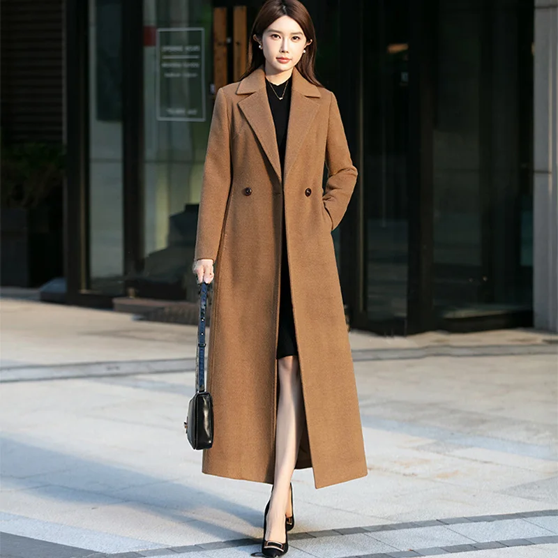 

New Women Long Woolen Coat Autumn Winter Fashion Suit Collar Slim Waist Cotton Liner Wool Blended Coat Elegant Daily Outerwear