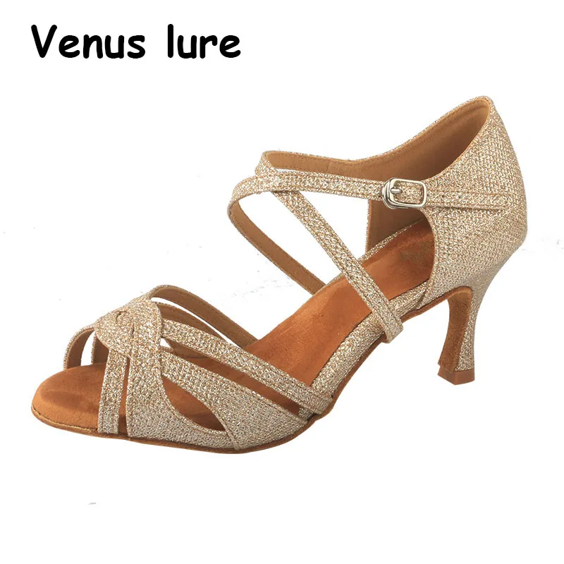 Women's Light Gold Glitter Latin Dance Shoes Crisscross Ankle Strap Salsa Tango Ballroom Competition Dancing Heel Sandal