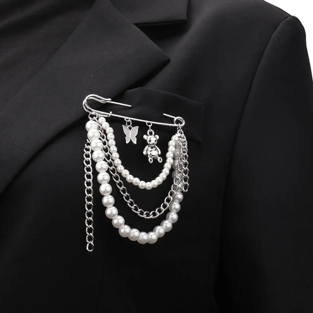 New Trend Pendant Pearl Chain Brooch Fashion Multi-Element Vintage Pin Accessories Rhinestone Claw Chain Sweater Collar Clip