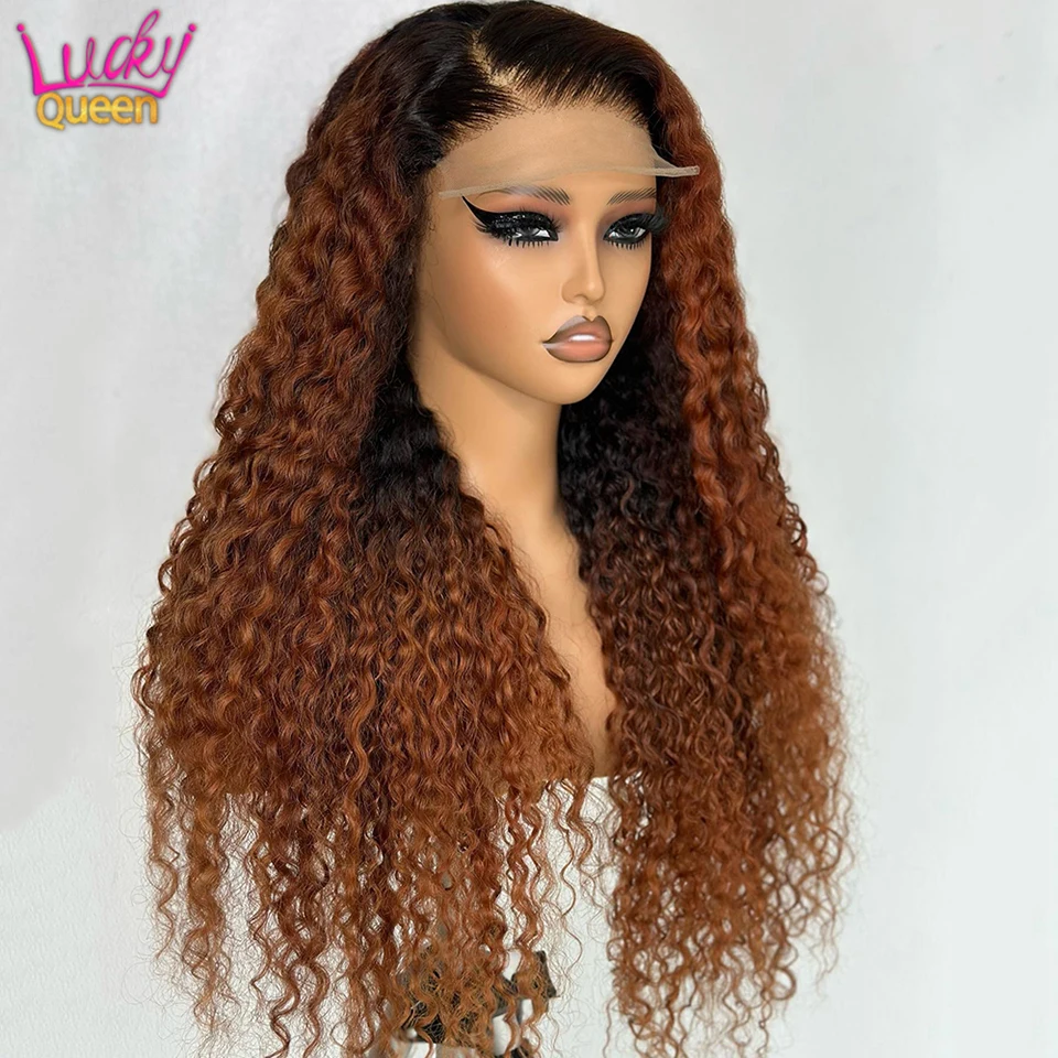 

30 Blonde With Black Roots 13X4 Transparent Lace Front Wig Human Hair Pre Plucked With Baby Hair 180% Density Curly Wigs