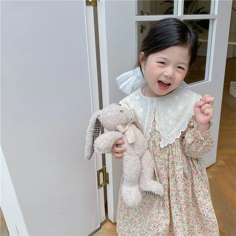 2024 Spring New Korean Children Wear Girl Fragmented Flower Doll Skirt Big Pointed Flip Neck Skirt Sweet Princess Dress