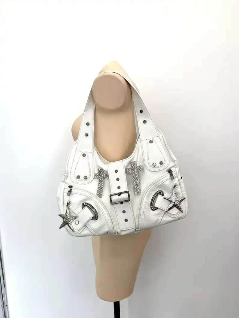 Rhinestone Cross  Starfish Charm Handbag Punk Gothic Multi-pocket Faux Leather Tote Bag White Y2K Hobo Shoulder Bag