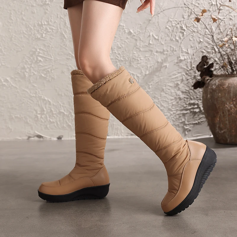 Women's Knee High Snow Boots, Polyester Space Cotton Filling PU Platform Wedge Boots, Fleece Trim Non-slip Winter Long Boots