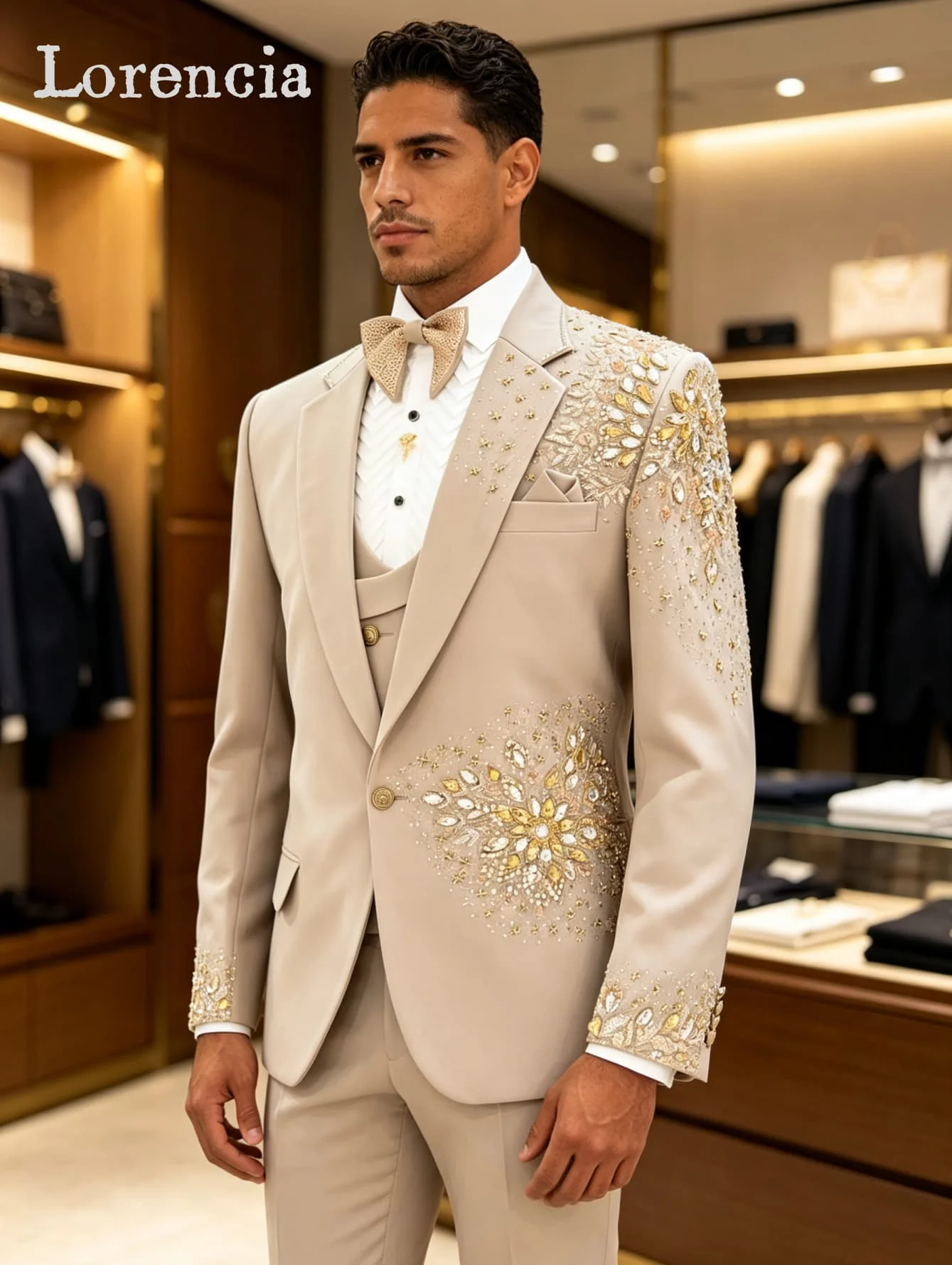 Rhinestone Men Suits 3 Pcs Set Peak Lapel Beaded Wedding Groom Tuxedo Evening Male Party Blazer Vest Pant Customized ropa hombre