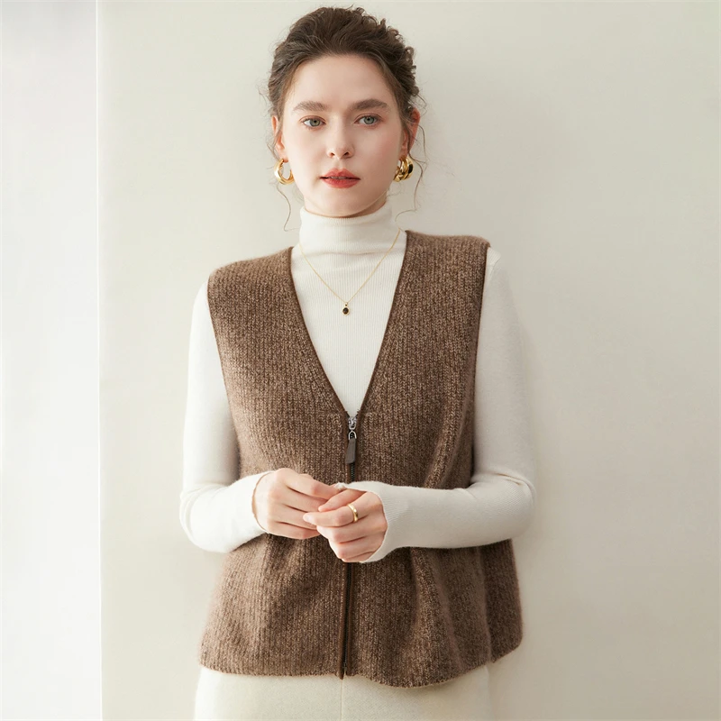 جديد شيك المرأة الخامس الرقبة سستة صدرية 100% سترة الكشمير المعنقة الخريف الشتاء أكمام سترة بسيطة الكشمير تريكو سترة