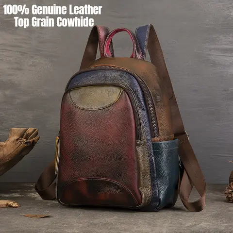 Sac à dos en cuir véritable pour femme, sac de voyage grande capacité en cuir de vachette souple teint à la main, sac à dos décontracté vintage bicolore