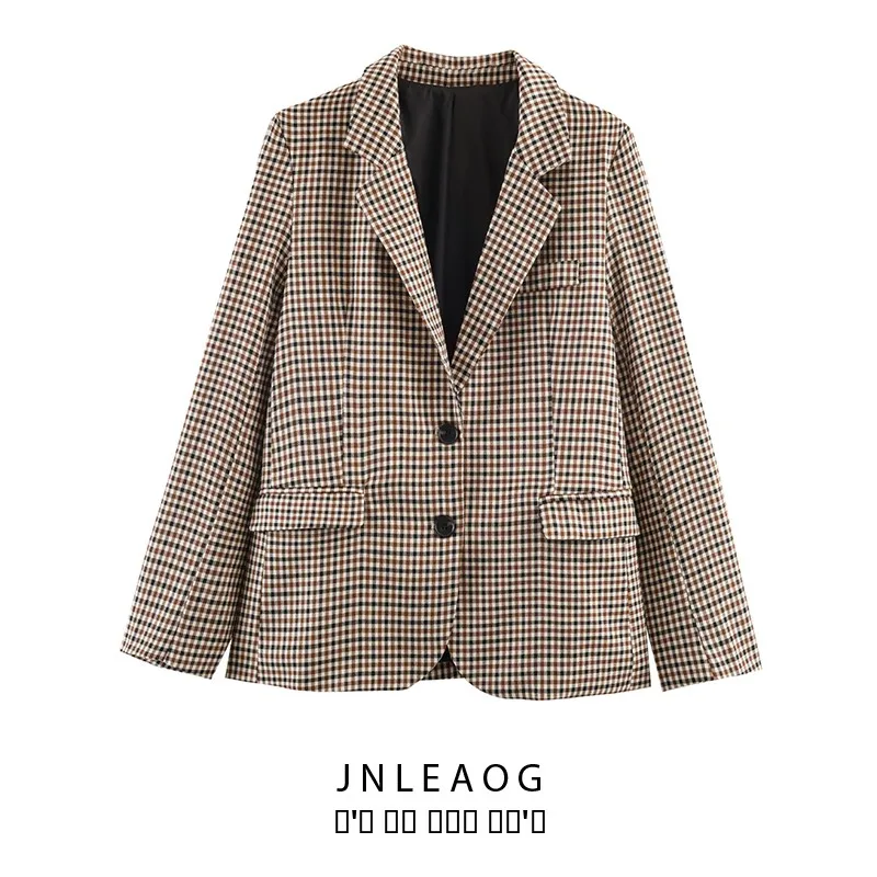 

Модный прямой пиджак в клетку для женщин, осенняя новинка, универсальный дизайн, повседневный деловой стиль, длинный рукав, полиэстер