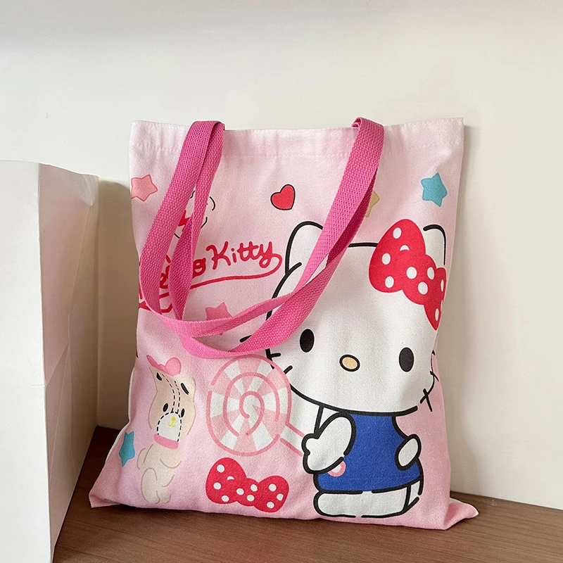 

Kawaii Sanrio Холщовая Сумка Kuromi Hello Kitty Cinnamoroll женские сумки через плечо Повседневная вместительная сумка для покупок