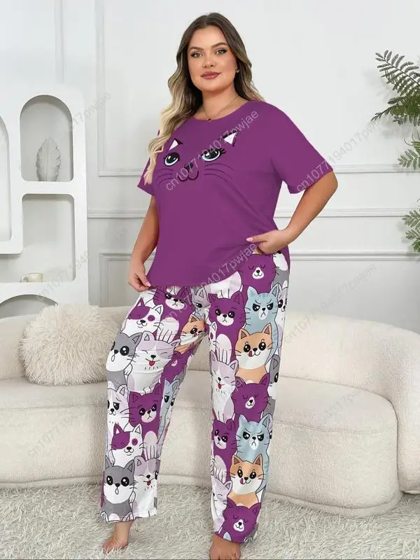 【พลัสไซส์】 ชุดนอนเสื้อยืดพิมพ์ลายแมวและกางเกงเอวยางยืด ชุดลำลอง เสื้อยืดแขนสั้นคอกลมใส่สบายและกางเกงขายาว ชุดนอนผู้หญิง