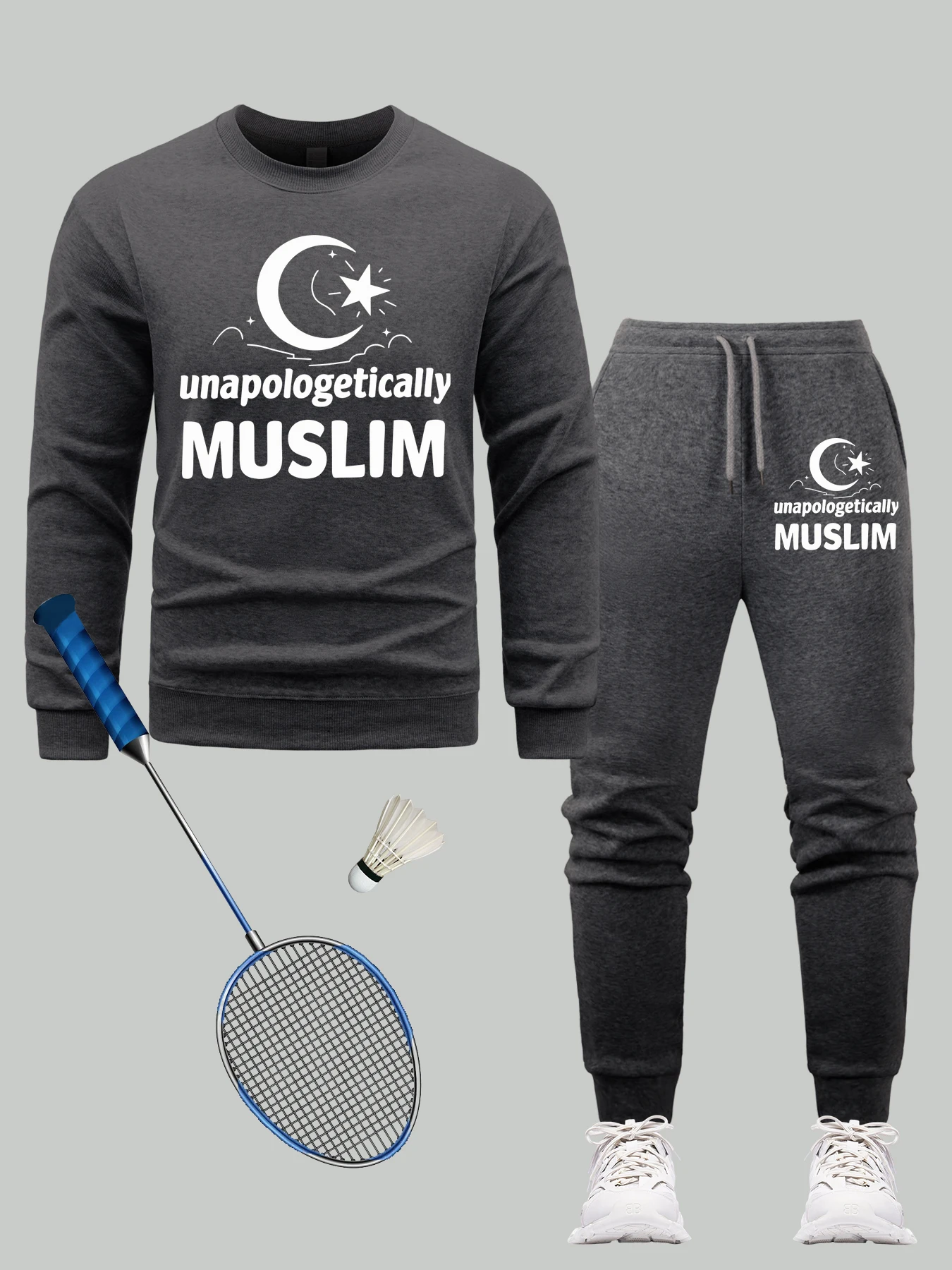 

Неапуологически мусульманский комплект мужских толстовок с принтом луны, пуловер в стиле хип-хоп с круглым вырезом, свободная спортивная одежда, флисовые осенние спортивные штаны