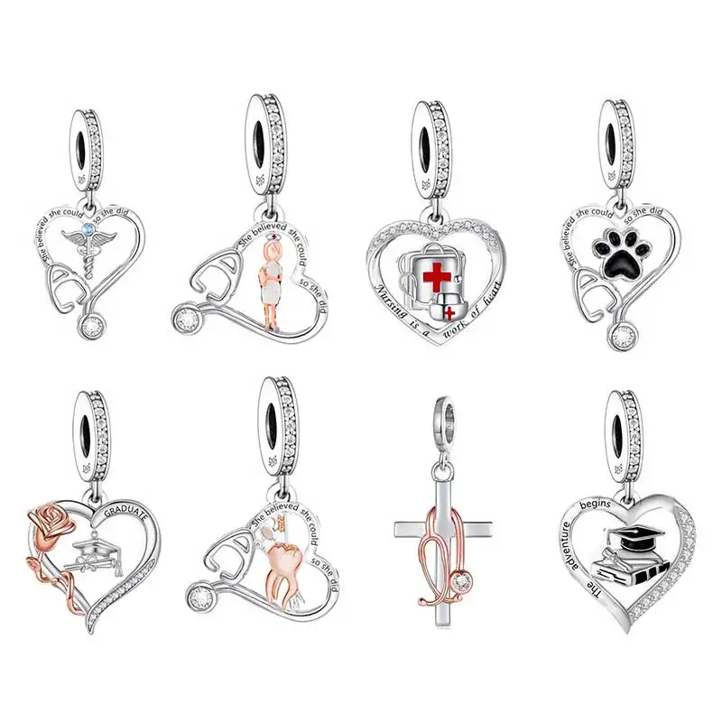 Fit Original Pan Charm Bracelet 925 Silver Veterinary Registered RN Nurse Dentistry Caduceus Bead For Making Graduation Berloque