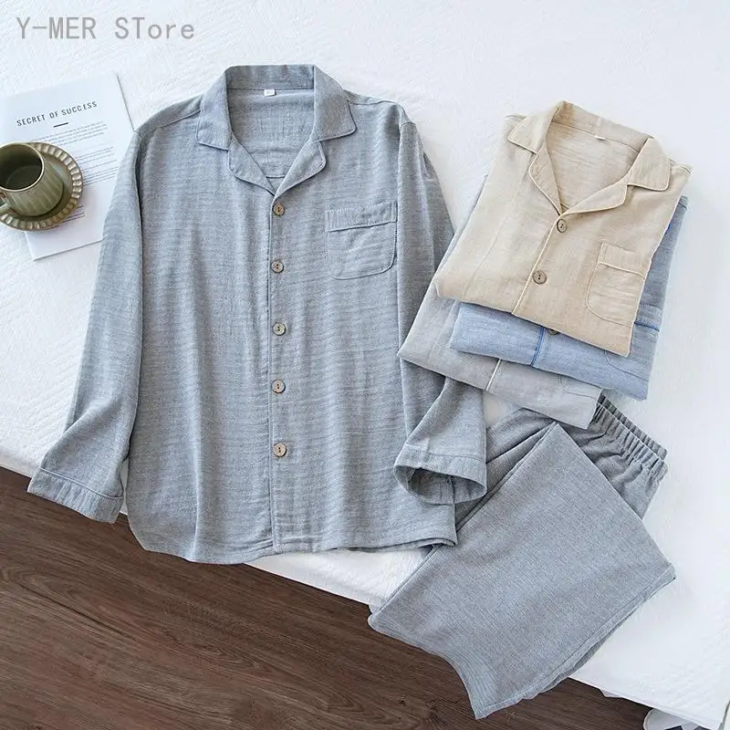 Oversized Cotton Pajama Set for Men Solid Color Lapel Collar Long Sleeve Shirt Pants 2Pcs Comfy Home Sleepwear Loungewear