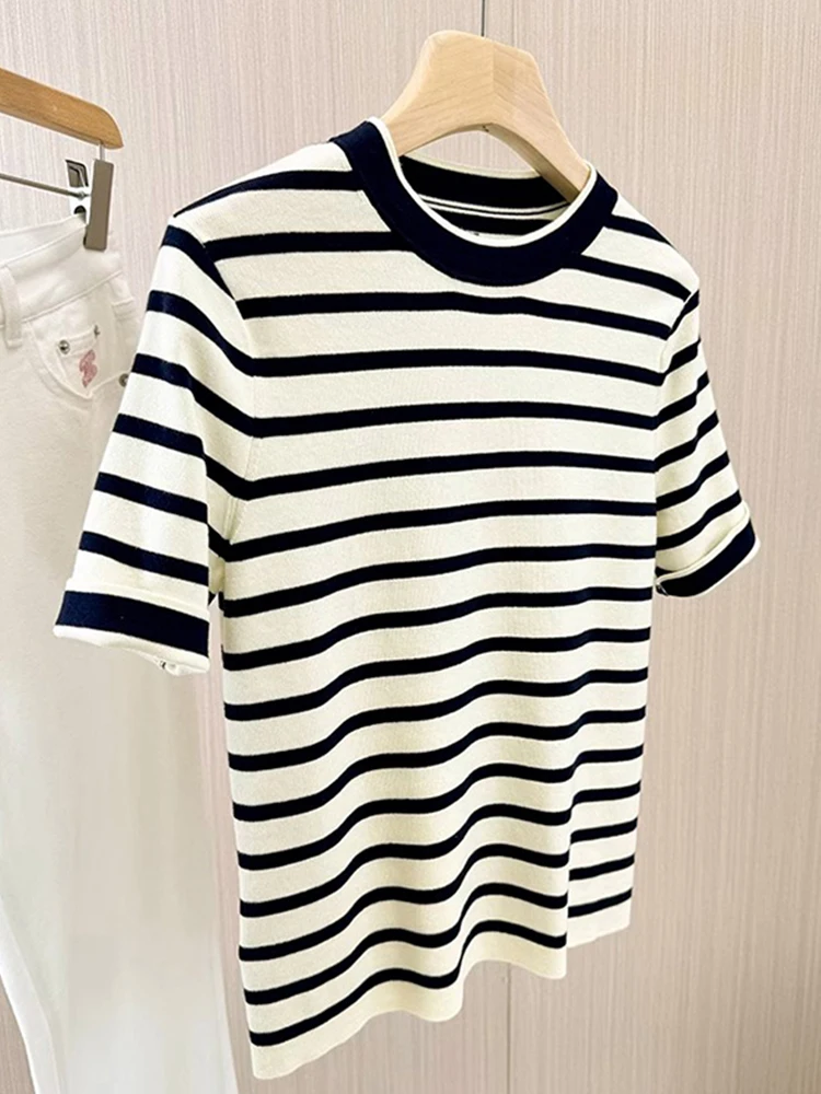 

Summer Ice Silk Knitted T-irt Women's Base Layer ort Sve Overhead Stripe Color Blo Slimming Boting irt